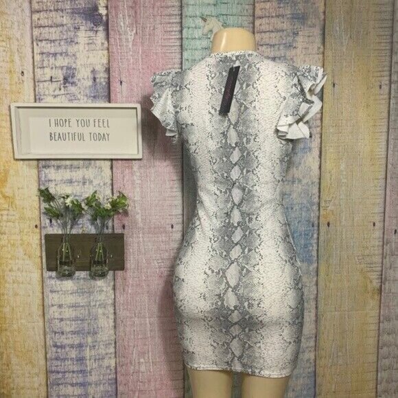 Snakeskin Print Tie Up Women's Medium Ruffled Sleeve Sexy Bodycon Party Dress - Picture 5 of 7